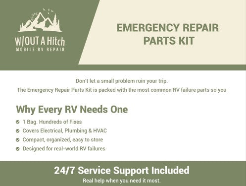 Advertisement for W/Out A Hitch Mobile RV Repair's Emergency Repair Parts Kit with text and logo.