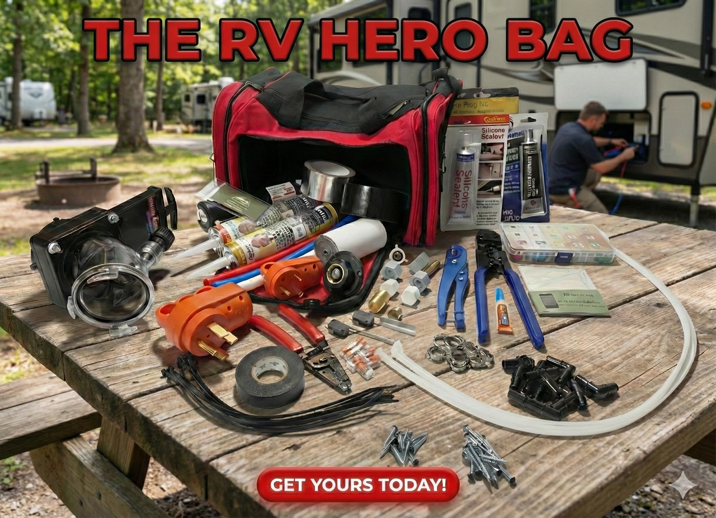 Emegency RV repair kit tool and equipment on a wooden table with 'The RV Hero Bag' text.