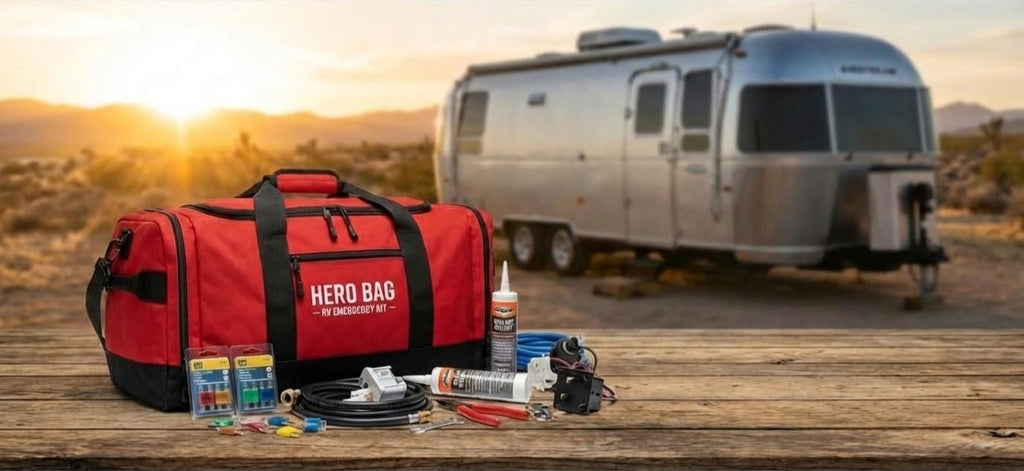 Red 'HERO BAG' with camping supplies in front of a silver Airstream trailer at sunset.