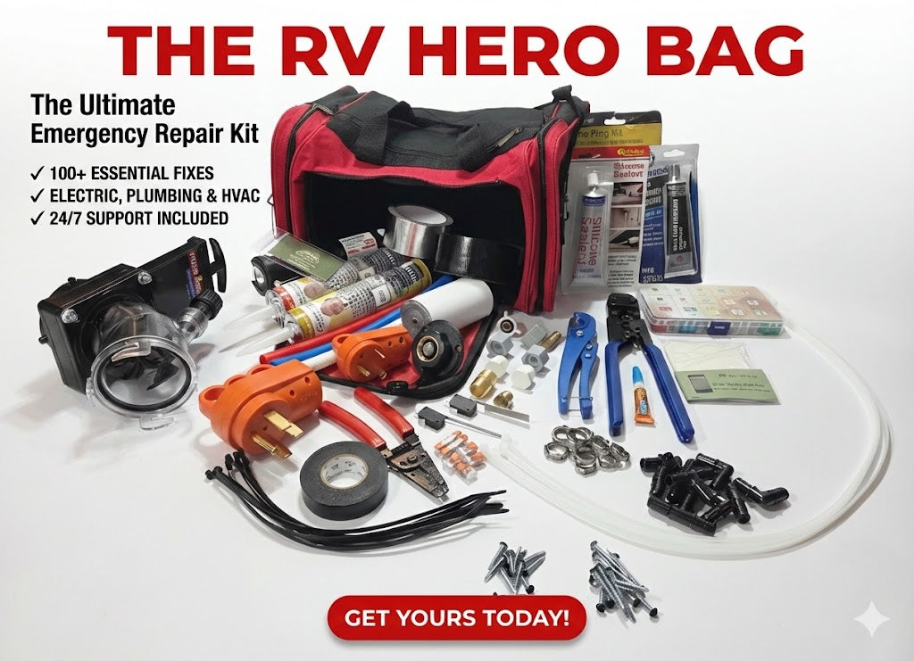 RV repair kit with tools and equipment displayed on a white background, featuring text about the 'RV Hero Bag'.