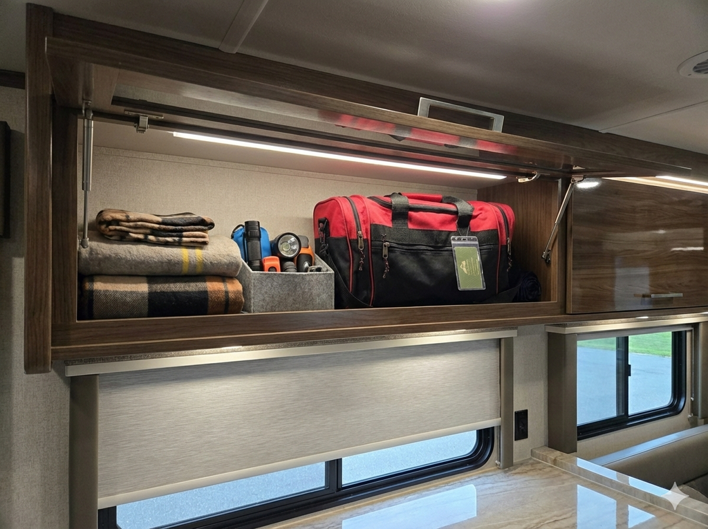 Storage compartment with items inside, including a rv repair parts kit, in a vehicle interior.