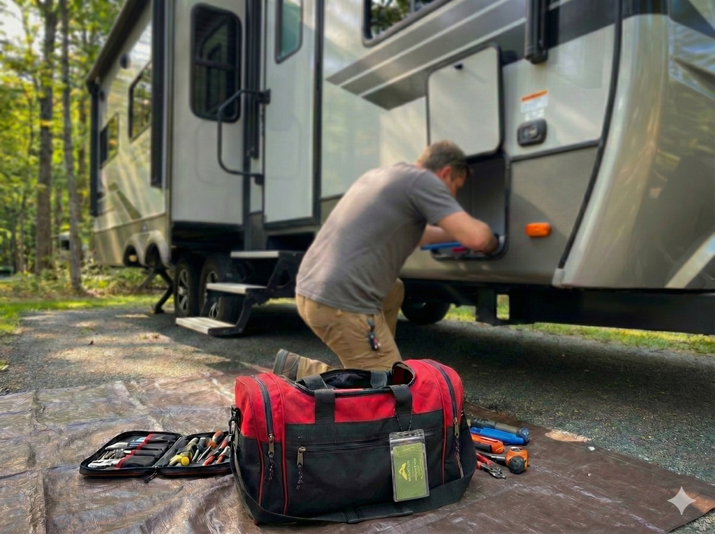 Man working on an RV with tools and an emergency rv repair parts duffel bag nearby